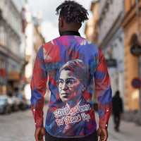 Rosa Parks Long Sleeve Button Shirt Red Blue Abstract Art Portrait Sitting Down to Stand Up Quote Civil Rights Tribute - Wonder Print Shop