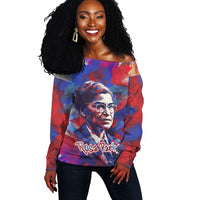 Rosa Parks Off Shoulder Sweater Red Blue Abstract Art Portrait Sitting Down to Stand Up Quote Civil Rights Tribute - Wonder Print Shop
