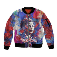 Rosa Parks Sleeve Zip Bomber Jacket Red Blue Abstract Art Portrait Sitting Down to Stand Up Quote Civil Rights Tribute - Wonder Print Shop