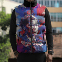 Rosa Parks Sleeveless Puffer Jacket Red Blue Abstract Art Portrait Sitting Down to Stand Up Quote Civil Rights Tribute - Wonder Print Shop