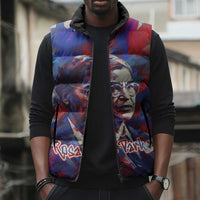 Rosa Parks Sleeveless Puffer Jacket Red Blue Abstract Art Portrait Sitting Down to Stand Up Quote Civil Rights Tribute - Wonder Print Shop