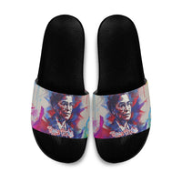Rosa Parks Slide Sandals Red Blue Abstract Art Portrait Sitting Down to Stand Up Quote Civil Rights Tribute - Wonder Print Shop