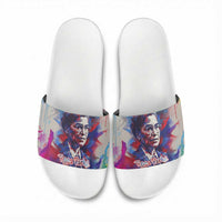 Rosa Parks Slide Sandals Red Blue Abstract Art Portrait Sitting Down to Stand Up Quote Civil Rights Tribute - Wonder Print Shop