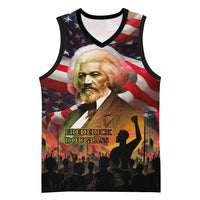 Frederick Douglass Basketball Jersey American Flag Background Powerful Quote Build Strong Children Civil Rights Tribute - Wonder Print Shop