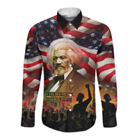 Frederick Douglass Long Sleeve Button Shirt American Flag Background Powerful Quote Build Strong Children Civil Rights Tribute - Wonder Print Shop