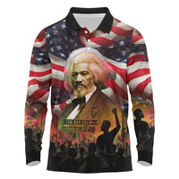 Frederick Douglass Long Sleeve Polo Shirt American Flag Background Powerful Quote Build Strong Children Civil Rights Tribute - Wonder Print Shop