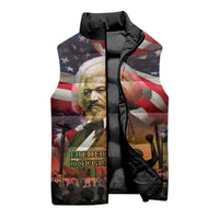 Frederick Douglass Sleeveless Puffer Jacket American Flag Background Powerful Quote Build Strong Children Civil Rights Tribute - Wonder Print Shop