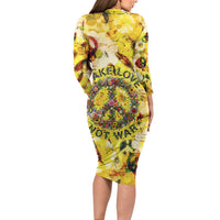Make Love Not War Long Sleeve Bodycon Dress Hippie Flower Power Revolution