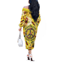 Make Love Not War Off The Shoulder Long Sleeve Dress Hippie Flower Power Revolution