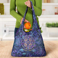 Universal Connection Zodiac Grocery Bag Cosmic Eye and Sacred Om Vibration
