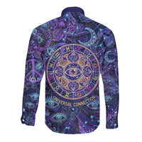 Universal Connection Zodiac Long Sleeve Button Shirt Cosmic Eye and Sacred Om Vibration