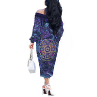 Universal Connection Zodiac Off The Shoulder Long Sleeve Dress Cosmic Eye and Sacred Om Vibration