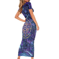Universal Connection Zodiac Short Sleeve Bodycon Dress Cosmic Eye and Sacred Om Vibration