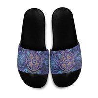 Universal Connection Zodiac Slide Sandals Cosmic Eye and Sacred Om Vibration