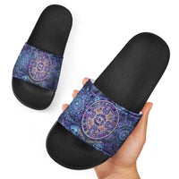Universal Connection Zodiac Slide Sandals Cosmic Eye and Sacred Om Vibration