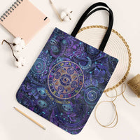 Universal Connection Zodiac Tote Bag Cosmic Eye and Sacred Om Vibration