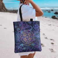 Universal Connection Zodiac Tote Bag Cosmic Eye and Sacred Om Vibration