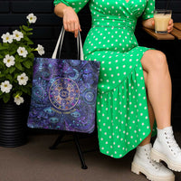 Universal Connection Zodiac Tote Bag Cosmic Eye and Sacred Om Vibration