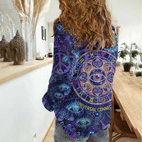 Universal Connection Zodiac Women Casual Shirt Cosmic Eye and Sacred Om Vibration