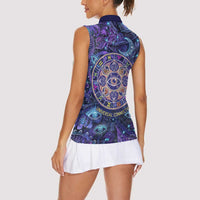 Universal Connection Zodiac Women Sleeveless Polo Shirt Cosmic Eye and Sacred Om Vibration
