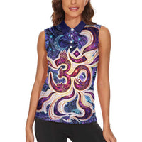 Universal Connection Zodiac Women Sleeveless Polo Shirt Cosmic Eye and Sacred Om Vibration