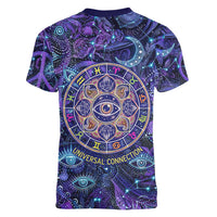 Universal Connection Zodiac Women V-Neck T-Shirt Cosmic Eye and Sacred Om Vibration