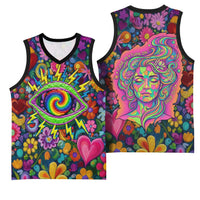 Psychedelic Visionary Woman Hippie Basketball Jersey Tune In, Turn On, Drop Out - Flower Power Awakening
