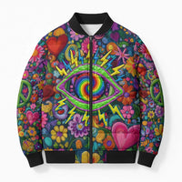 Psychedelic Visionary Woman Hippie Bomber Puffer Jacket Tune In, Turn On, Drop Out - Flower Power Awakening