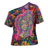 Psychedelic Visionary Woman Hippie Cross Shoulder Shirt Tune In, Turn On, Drop Out - Flower Power Awakening