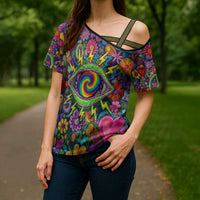 Psychedelic Visionary Woman Hippie Cross Shoulder Shirt Tune In, Turn On, Drop Out - Flower Power Awakening