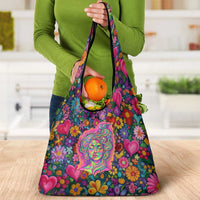 Psychedelic Visionary Woman Hippie Grocery Bag Tune In, Turn On, Drop Out - Flower Power Awakening