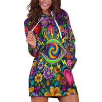 Psychedelic Visionary Woman Hippie Hoodie Dress Tune In, Turn On, Drop Out - Flower Power Awakening