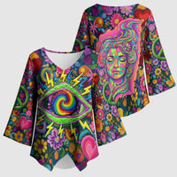 Psychedelic Visionary Woman Hippie Kimono Sleeve Blouse Tune In, Turn On, Drop Out - Flower Power Awakening