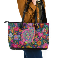 Psychedelic Visionary Woman Hippie Leather Tote Bag Tune In, Turn On, Drop Out - Flower Power Awakening