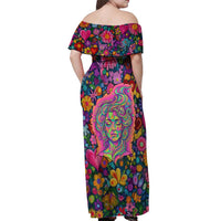Psychedelic Visionary Woman Hippie Off Shoulder Maxi Dress Tune In, Turn On, Drop Out - Flower Power Awakening