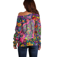 Psychedelic Visionary Woman Hippie Off Shoulder Sweater Tune In, Turn On, Drop Out - Flower Power Awakening