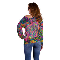 Psychedelic Visionary Woman Hippie Off Shoulder Sweater Tune In, Turn On, Drop Out - Flower Power Awakening