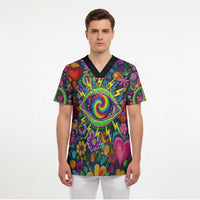 Psychedelic Visionary Woman Hippie Scrub Top Tune In, Turn On, Drop Out - Flower Power Awakening