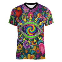 Psychedelic Visionary Woman Hippie Women V-Neck T-Shirt Tune In, Turn On, Drop Out - Flower Power Awakening