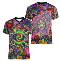 Psychedelic Visionary Woman Hippie Women V-Neck T-Shirt Tune In, Turn On, Drop Out - Flower Power Awakening