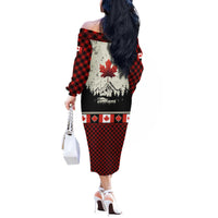 Canada Flag Off The Shoulder Long Sleeve Dress Maple Leaf & Plaid Pattern Design