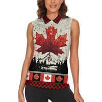Canada Flag Women Sleeveless Polo Shirt Maple Leaf & Plaid Pattern Design