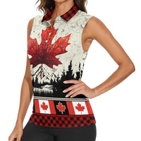 Canada Flag Women Sleeveless Polo Shirt Maple Leaf & Plaid Pattern Design