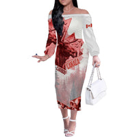 Canada Flag Family Matching Off The Shoulder Long Sleeve Dress and Hawaiian Shirt Caribou Design with National Symbol
