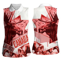 Canada Flag Women Sleeveless Polo Shirt Caribou Design with National Symbol