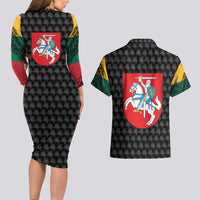 Lithuania Map Combined with National Coat of Arms Couples Matching Long Sleeve Bodycon Dress and Hawaiian Shirt Patriotic Design