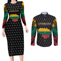 Lithuania Map Combined with National Coat of Arms Couples Matching Long Sleeve Bodycon Dress and Long Sleeve Button Shirt Patriotic Design
