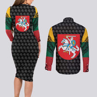 Lithuania Map Combined with National Coat of Arms Couples Matching Long Sleeve Bodycon Dress and Long Sleeve Button Shirt Patriotic Design