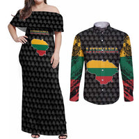 Lithuania Map Combined with National Coat of Arms Couples Matching Off Shoulder Maxi Dress and Long Sleeve Button Shirt Patriotic Design