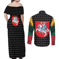 Lithuania Map Combined with National Coat of Arms Couples Matching Off Shoulder Maxi Dress and Long Sleeve Button Shirt Patriotic Design